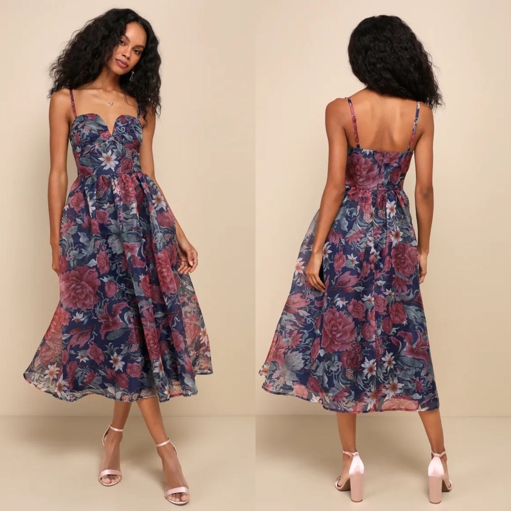 NWT Lulus Cherished Aura Navy Blue Floral Organza Bustier Midi Dress